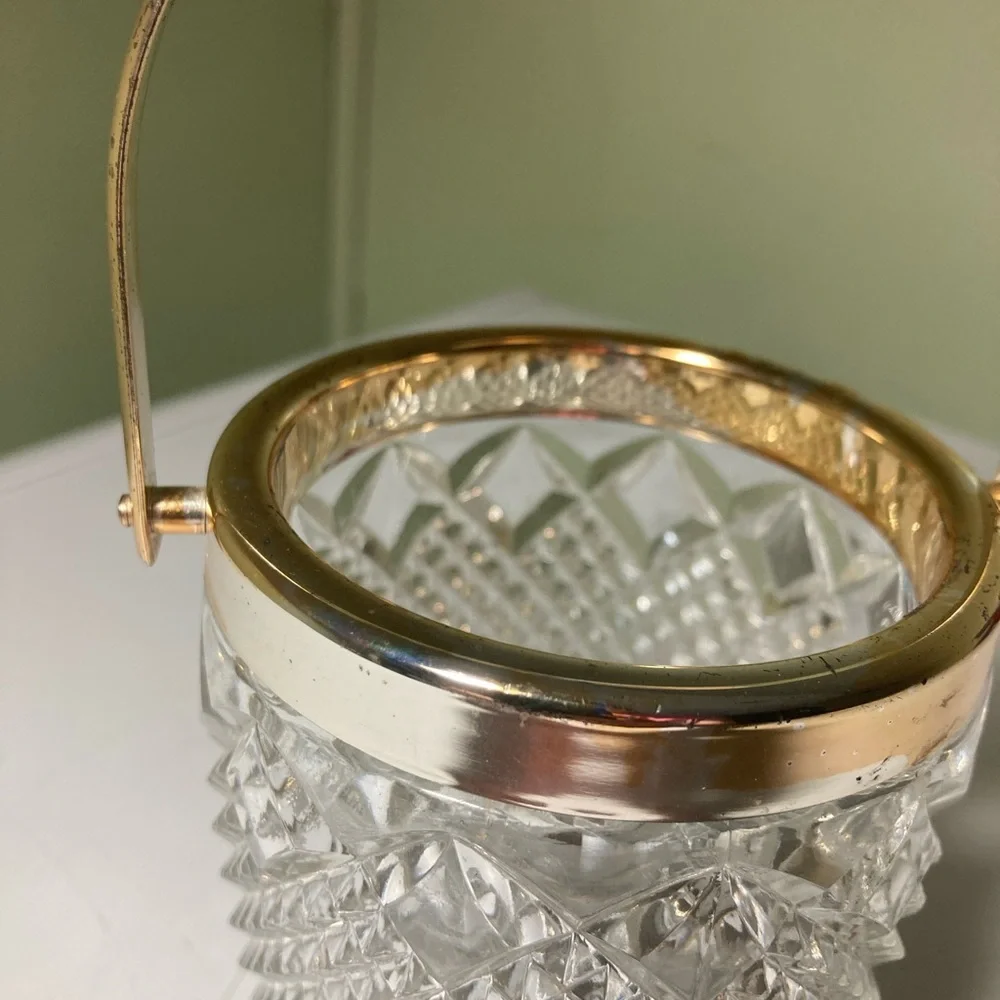 Vintage Crystal Glass Ice Bucket with Gold Handle